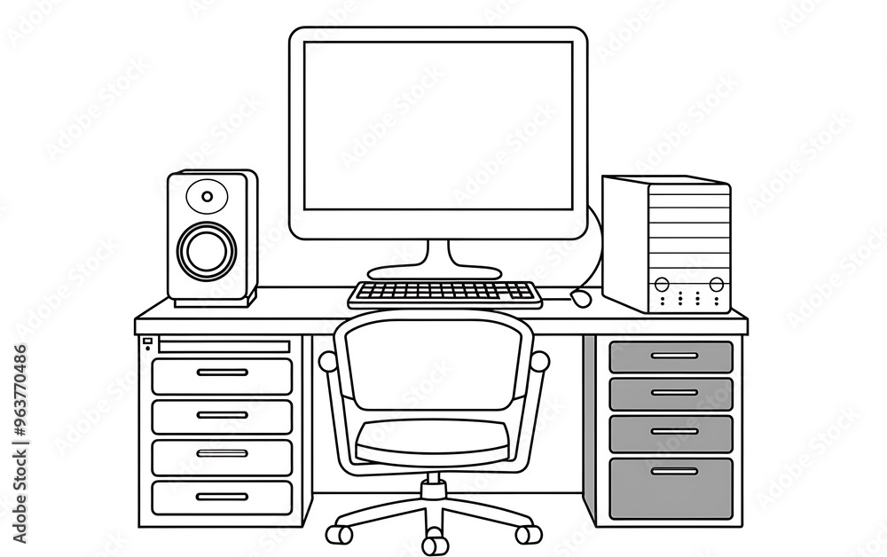 desk with computer icon over white background, line style, desk with computer icon over white background, line style,