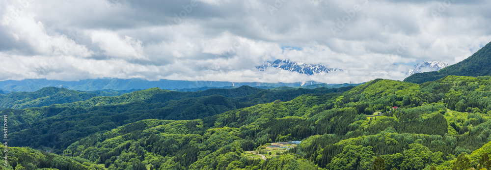 Fototapeta premium 日本 長野県長野市鬼無里の大望峠から眺める北アルプスと新緑に覆われた山々