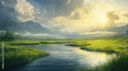 A serene landscape showcasing a calm river, lush green grass, and majestic mountains under a bright, sunny sky.