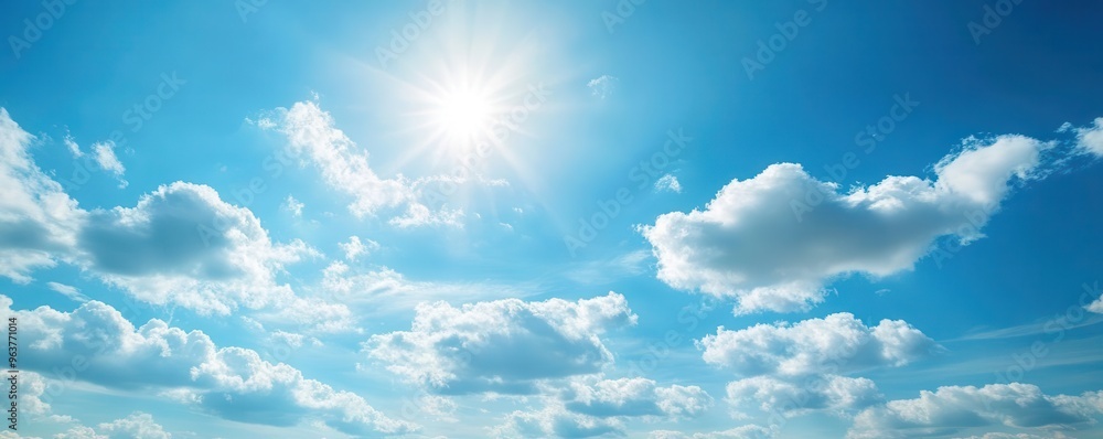 Clear blue sky with a few white clouds, serene weather, bright sunlight Clear blue sky with a few white clouds, serene weather, bright sunlight