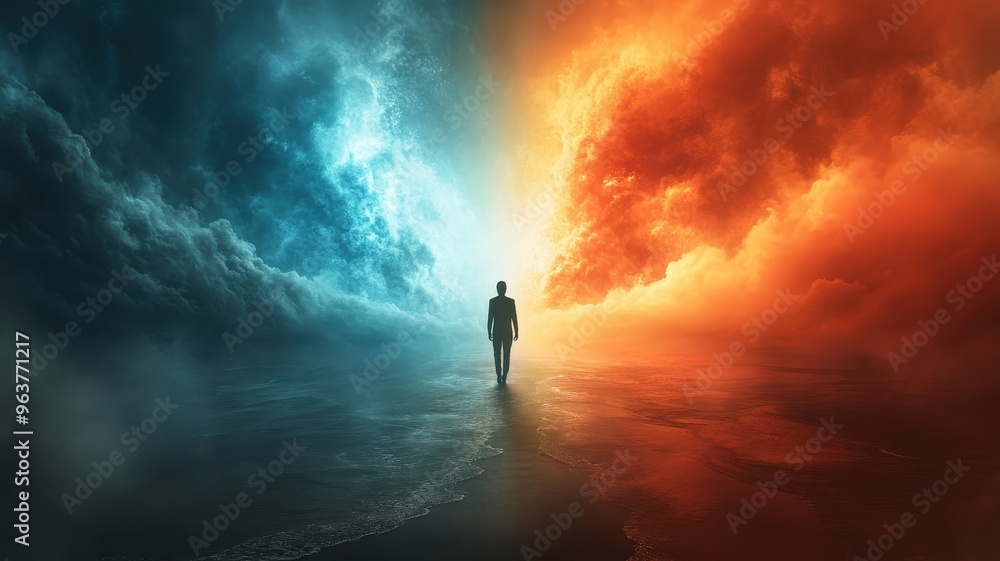 A figure stands between contrasting skies of blue and red, symbolizing choice and duality in a surreal landscape. A figure stands between contrasting skies of blue and red, symbolizing choice and duality in a surreal landscape.