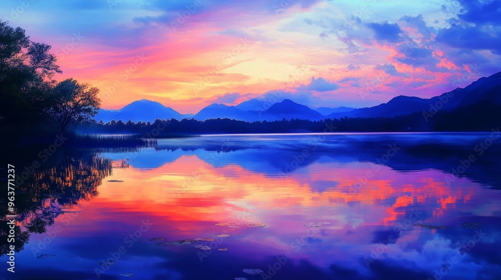 Tranquil lake reflecting twilight sky, soft glow of evening blending with magical colors, peaceful and enchanting natural beauty surrounding calm waters Tranquil lake reflecting twilight sky, soft glow of evening blending with magical colors, peaceful and enchanting natural beauty surrounding calm waters