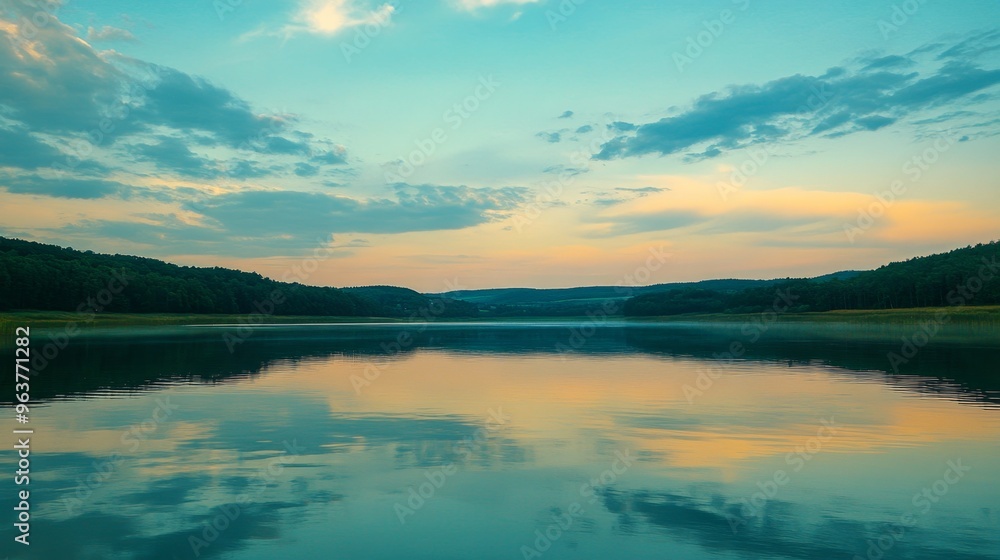 Tranquil lake reflecting twilight sky, soft glow of evening blending with magical colors, peaceful and enchanting natural beauty surrounding calm waters Tranquil lake reflecting twilight sky, soft glow of evening blending with magical colors, peaceful and enchanting natural beauty surrounding calm waters
