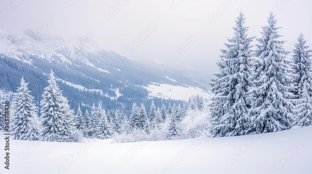 Heavy snowfall blanketing a mountain landscape, winter weather, cold and serene Heavy snowfall blanketing a mountain landscape, winter weather, cold and serene