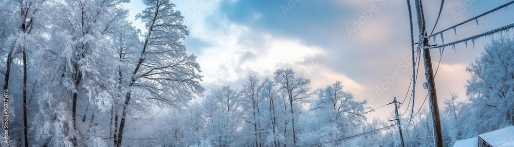 Ice storm covering trees and power lines with a layer of ice, freezing weather, dangerous beauty Ice storm covering trees and power lines with a layer of ice, freezing weather, dangerous beauty