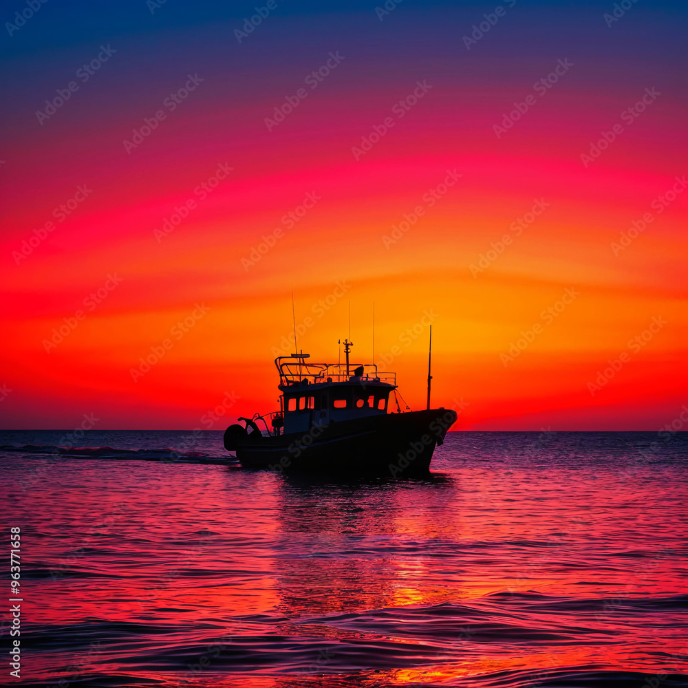 Vibrant Sunset Silhouette of a Boat on the Sea Vibrant Sunset Silhouette of a Boat on the Sea