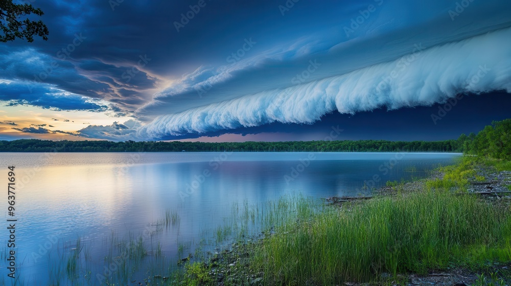 Obraz premium Storm clouds moving in over a calm lake, approaching weather, impending storm