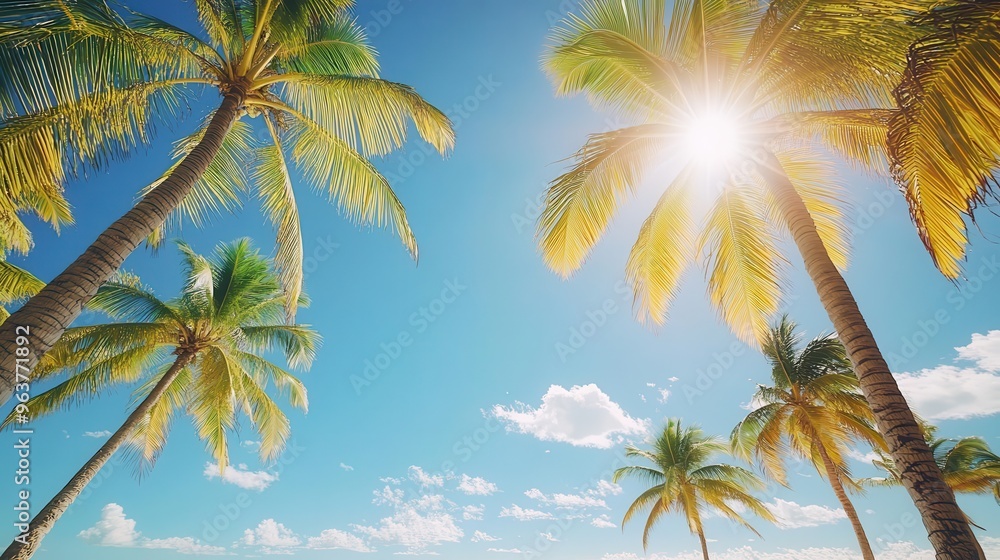 Tropical sun shining brightly over a palm-lined beach, warm weather, summer vibes Tropical sun shining brightly over a palm-lined beach, warm weather, summer vibes