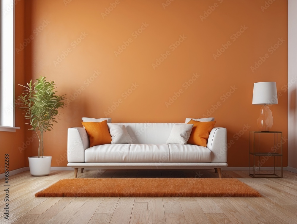 White Sofa in a Minimalist Living Room with Orange Accents White Sofa in a Minimalist Living Room with Orange Accents