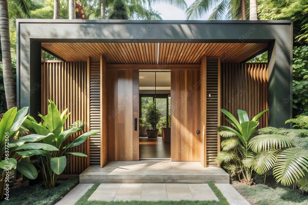 Modern main entrance door, bali villa style at forest with blue sky background. Modern main entrance door, bali villa style at forest with blue sky background.