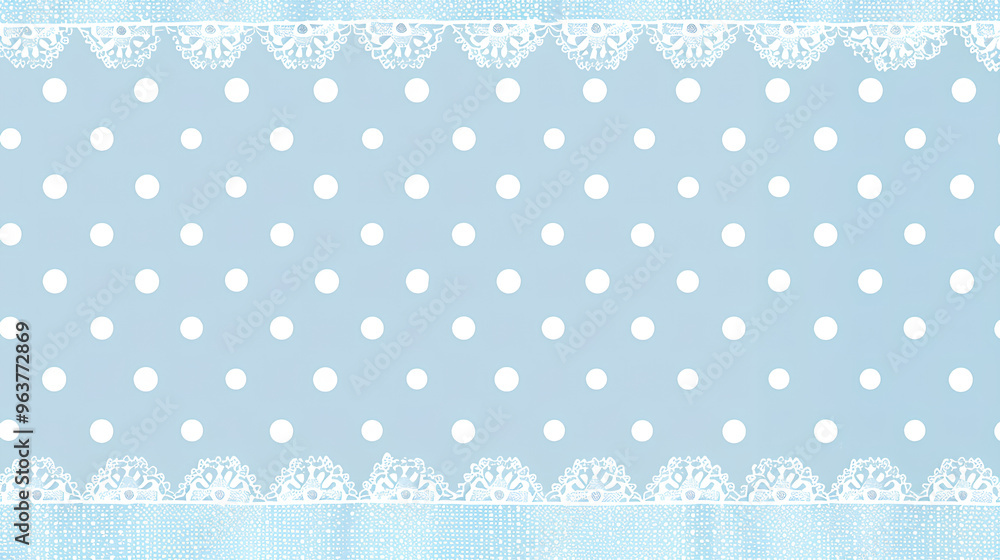 Light blue background with white polka dots and lace border, seamless pattern, pastel color palette Light blue background with white polka dots and lace border, seamless pattern, pastel color palette