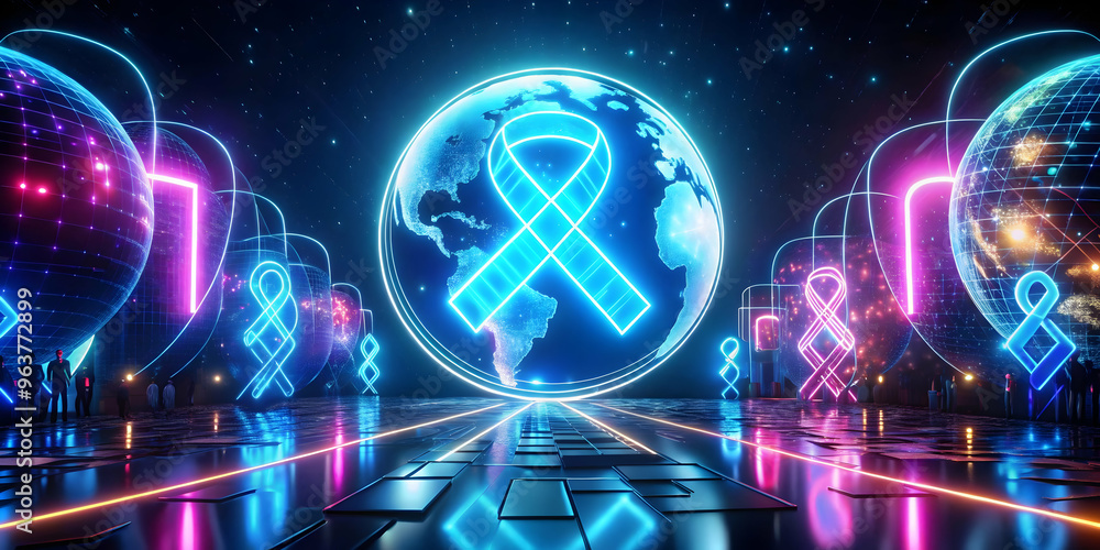 3D Abstract Neon Art for Diabetes Awareness: Vibrant Glowing Digital Elements & Holographic Symbols on World Diabetes Day 3D Abstract Neon Art for Diabetes Awareness: Vibrant Glowing Digital Elements & Holographic Symbols on World Diabetes Day