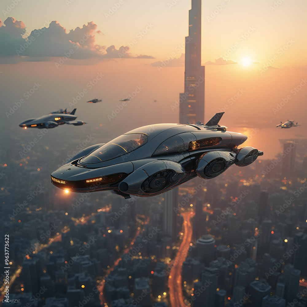 Naklejka premium Futuristic Metropolis with Flying Robots and Advanced Vehicles