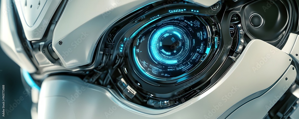 Close-up of a Futuristic Robot's Eye with Glowing Blue Interface Close-up of a Futuristic Robot's Eye with Glowing Blue Interface
