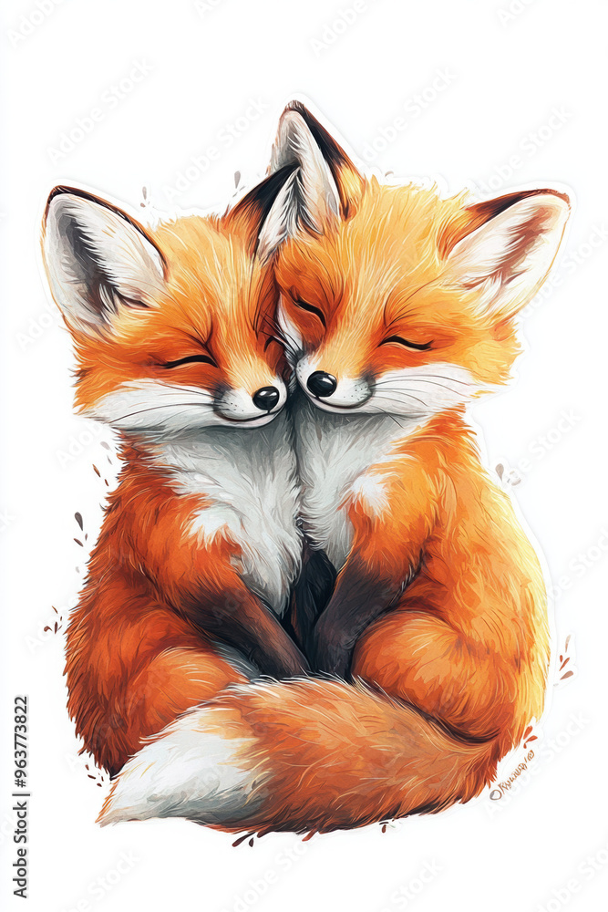 Obraz premium fox animal wildlife cute nature couple illustration furry baby foxes friendship adorable art portrait love orange playful sitting cartoon style forest children’s book 