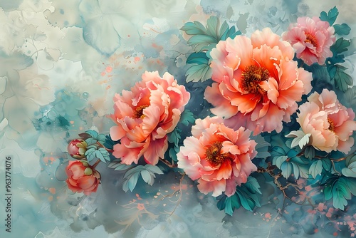 A painting of pink flowers with green leaves