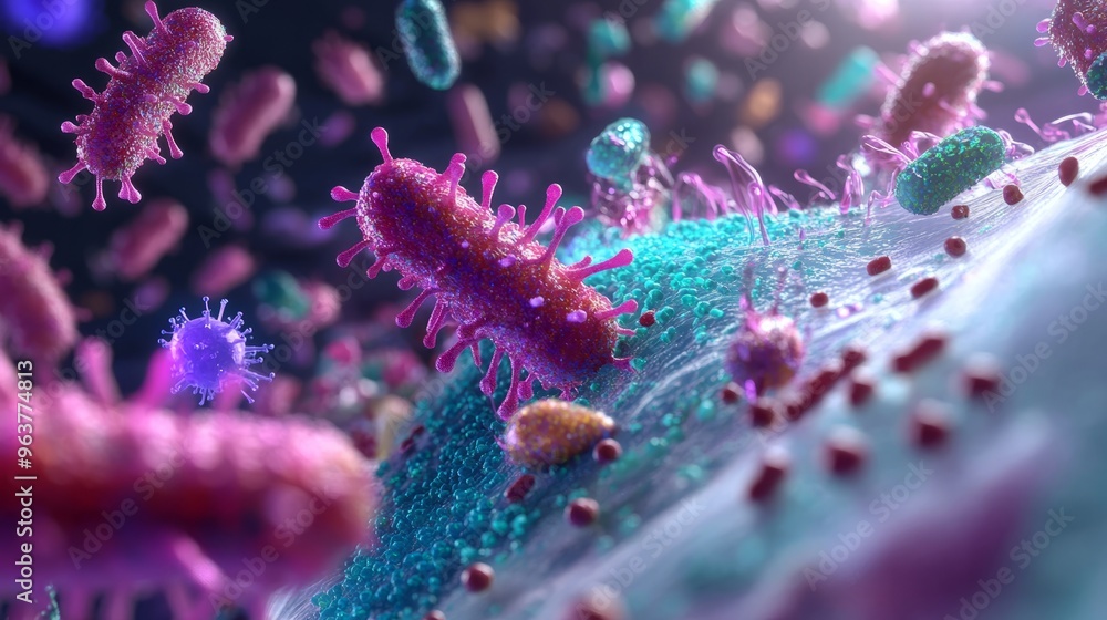 Fototapeta premium Microscopic View of Bacteria and Viruses 3D Render