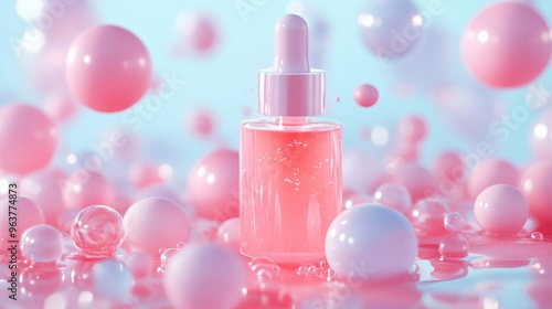 Pink Serum Bottle with Bubbles on Blue Background