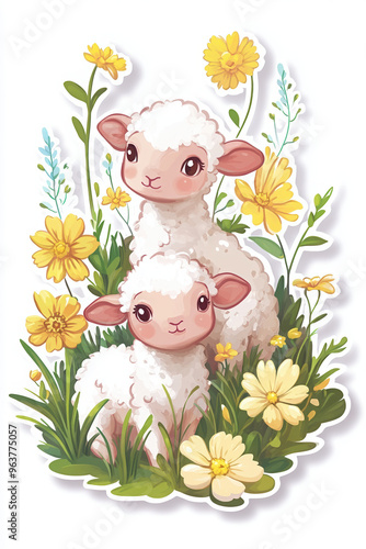 lamb sheep animals cute cartoon farm nature spring flowers green illustration pastoral wildlife vibrant children playful soft adorable smiling fluffy young
