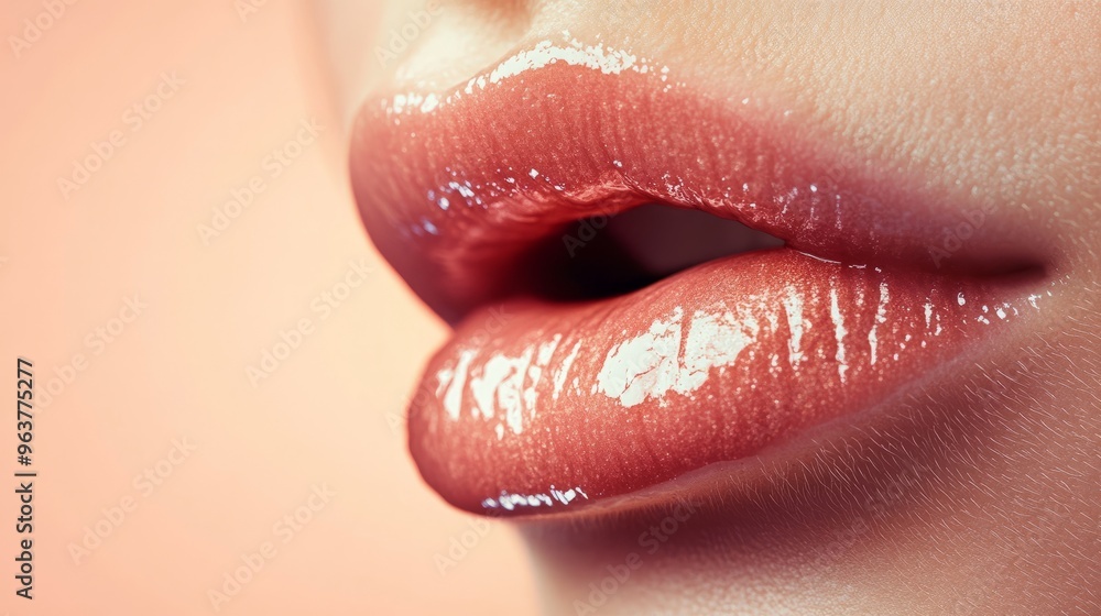 Closeup of Glossy Lips with Pink Lipstick and White Glitter Closeup of Glossy Lips with Pink Lipstick and White Glitter