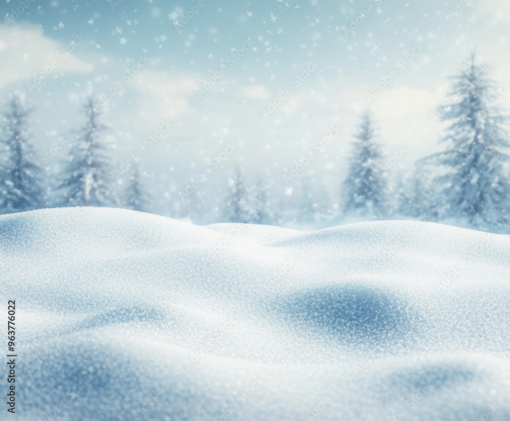 Fototapeta premium Snowy landscape with soft snowdrifts and gentle falling snow, set against a blurred background of winter trees and a cloudy sky