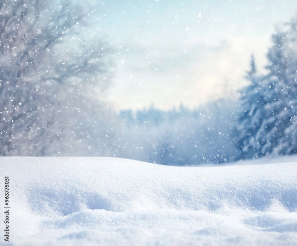 Snowy landscape with soft snowdrifts and gentle falling snow, set against a blurred background of winter trees and a cloudy sky Snowy landscape with soft snowdrifts and gentle falling snow, set against a blurred background of winter trees and a cloudy sky