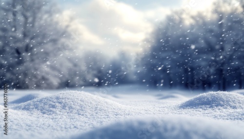 Snowy landscape with soft snowdrifts and gentle falling snow, set against a blurred background of winter trees and a cloudy sky