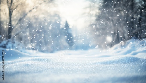 Wallpaper Mural Snowy landscape with soft snowdrifts and gentle falling snow, set against a blurred background of winter trees and a cloudy sky Torontodigital.ca