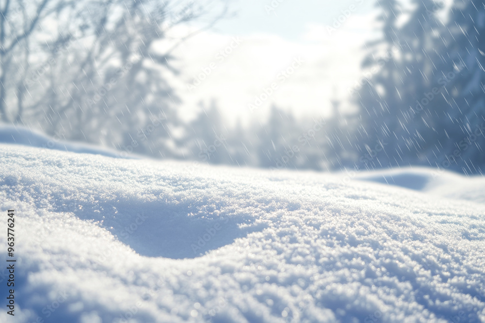 Snowy landscape with soft snowdrifts and gentle falling snow, set against a blurred background of winter trees and a cloudy sky Snowy landscape with soft snowdrifts and gentle falling snow, set against a blurred background of winter trees and a cloudy sky