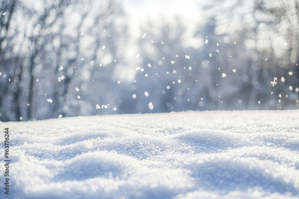 Snowy landscape with soft snowdrifts and gentle falling snow, set against a blurred background of winter trees and a cloudy sky Snowy landscape with soft snowdrifts and gentle falling snow, set against a blurred background of winter trees and a cloudy sky