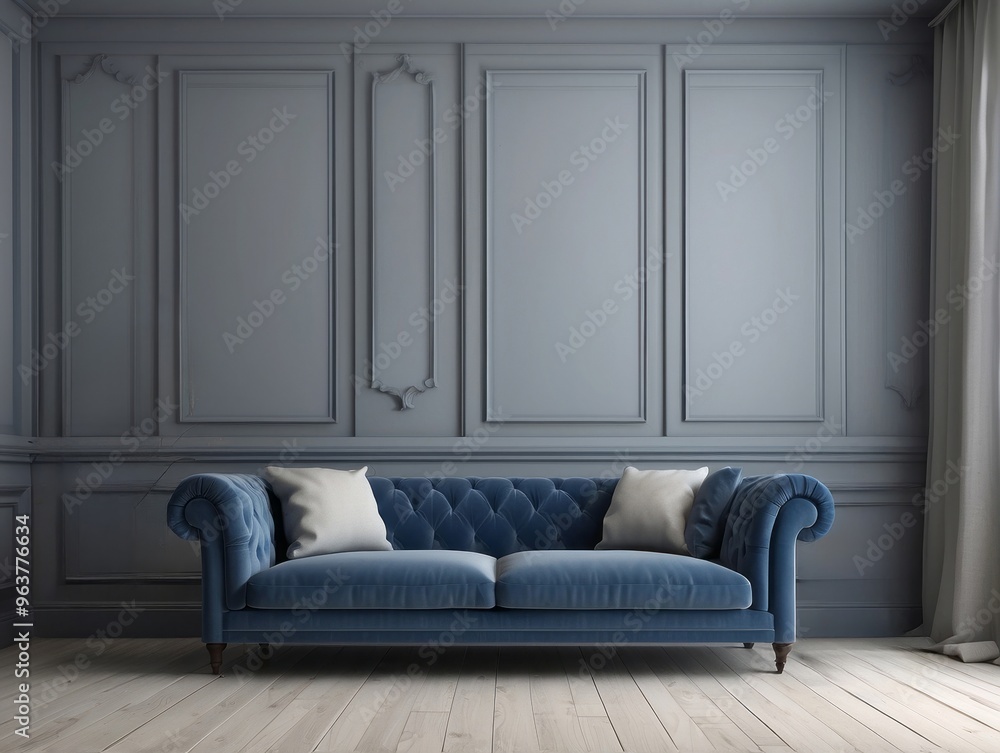 Blue Velvet Sofa in a Classic Grey Room with Wainscot Walls Blue Velvet Sofa in a Classic Grey Room with Wainscot Walls