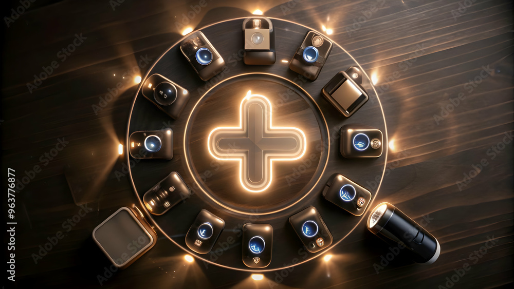 Abstract Glowing Medical Cross Surrounded by Floating Diabetic Icons for World Diabetes Day - Vibrant Digital Art Concept Abstract Glowing Medical Cross Surrounded by Floating Diabetic Icons for World Diabetes Day - Vibrant Digital Art Concept