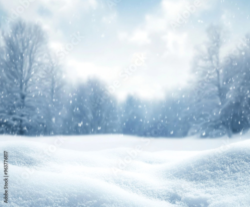 Snowy landscape with soft snowdrifts and gentle falling snow, set against a blurred background of winter trees and a cloudy sky