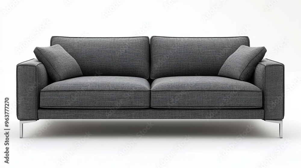 Naklejka premium Stylish gray sofa with modern design and plush cushions, perfect for any living room or lounge area.