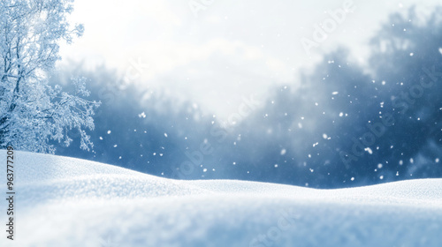 Wallpaper Mural Snowy landscape with soft snowdrifts and gentle falling snow, set against a blurred background of winter trees and a cloudy sky Torontodigital.ca