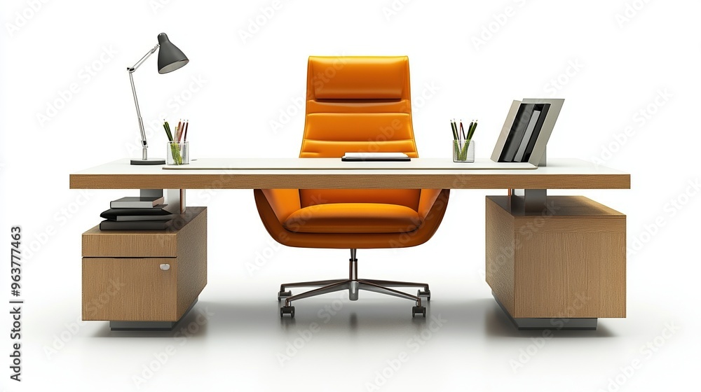 Modern office setup featuring an elegant desk and vibrant orange chair, ideal for design and workspace themes. Modern office setup featuring an elegant desk and vibrant orange chair, ideal for design and workspace themes.