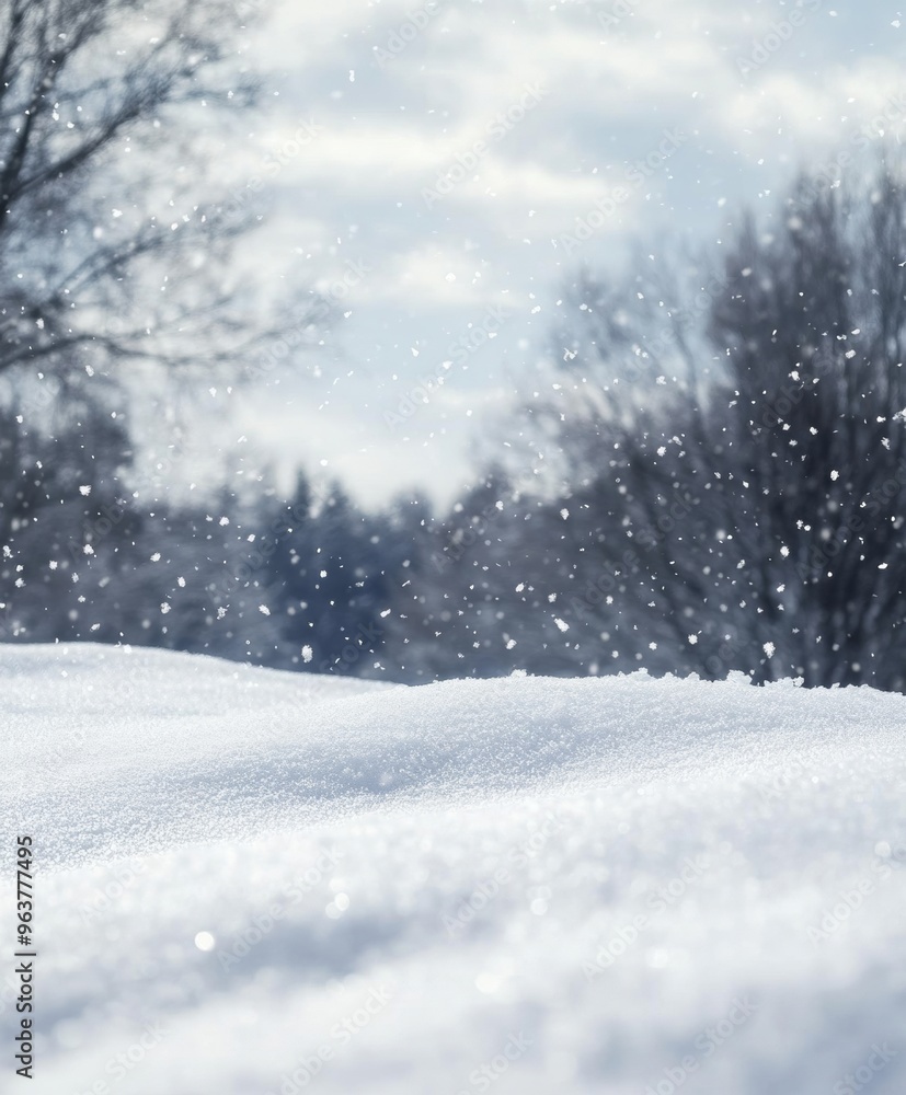Snowy landscape with soft snowdrifts and gentle falling snow, set against a blurred background of winter trees and a cloudy sky Snowy landscape with soft snowdrifts and gentle falling snow, set against a blurred background of winter trees and a cloudy sky