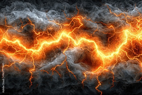 Powerful storm of fiery lightning bolts striking through dark gloomy clouds