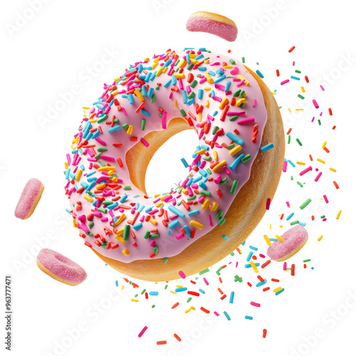 donut with sprinkles falling in motion isolated on transparent white background, clipping path