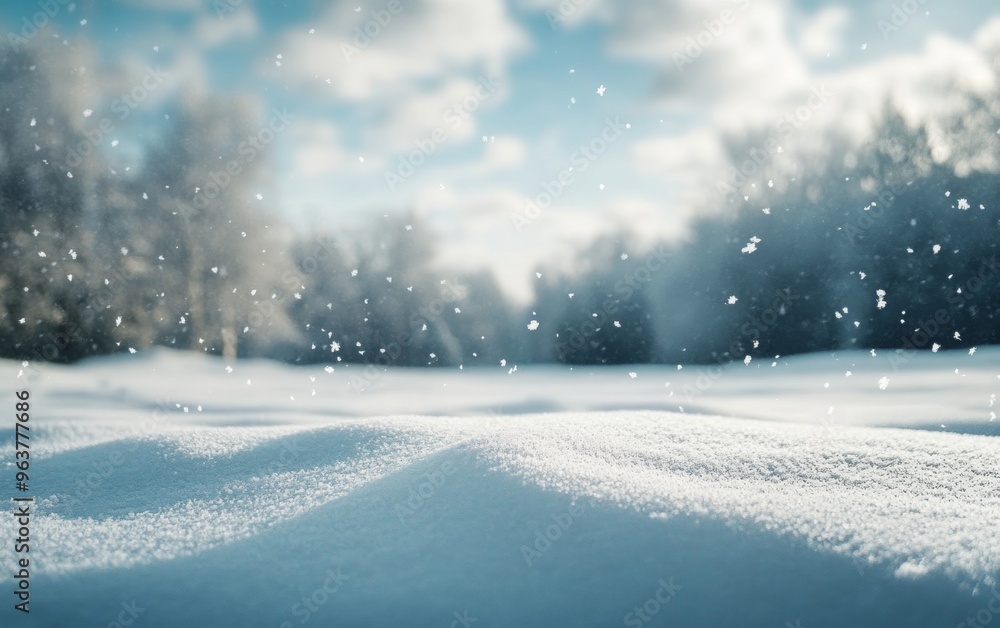 Snowy landscape with soft snowdrifts and gentle falling snow, set against a blurred background of winter trees and a cloudy sky Snowy landscape with soft snowdrifts and gentle falling snow, set against a blurred background of winter trees and a cloudy sky