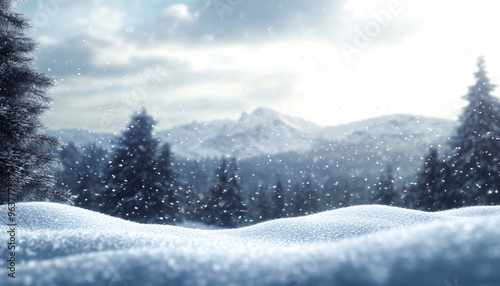 Wallpaper Mural Snowy landscape with soft snowdrifts and gentle falling snow, set against a blurred background of winter trees and a cloudy sky Torontodigital.ca