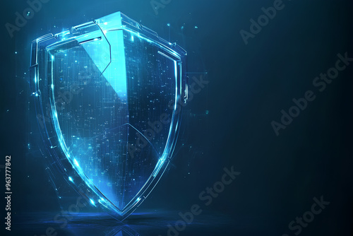 A futuristic, digital shield made of glowing blue lines and dots against a dark blue background, symbolizing protection and security.