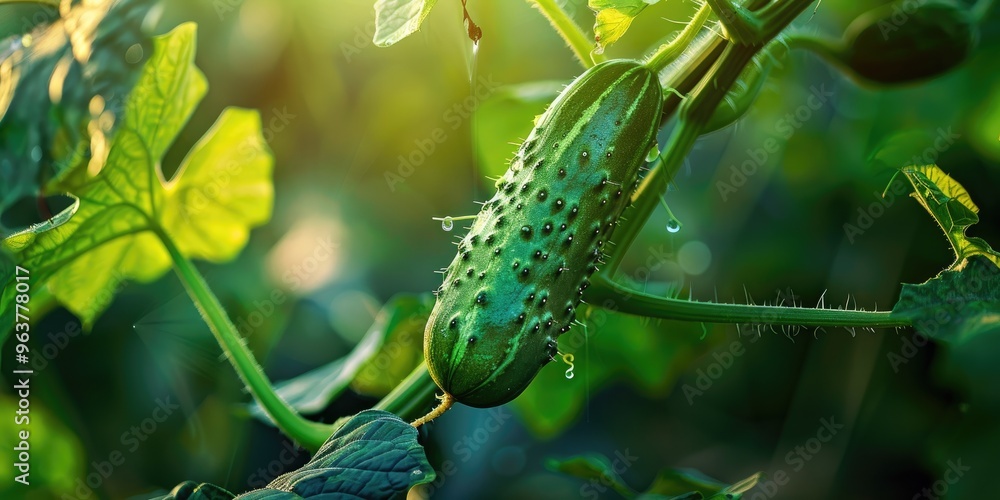 Naklejka premium A young fresh cucumber dangling from a vine, ready for harvest, symbolizes a healthy diet and nutritious eating.