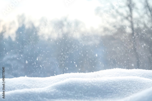 Wallpaper Mural Snowy landscape with soft snowdrifts and gentle falling snow, set against a blurred background of winter trees and a cloudy sky Torontodigital.ca