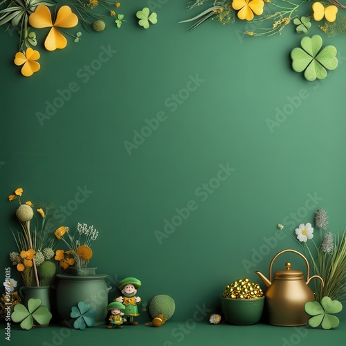 St. Patrick's Day Celebration - Vintage Paper Background with Daffodils, Teapot, and Shamrocks photo