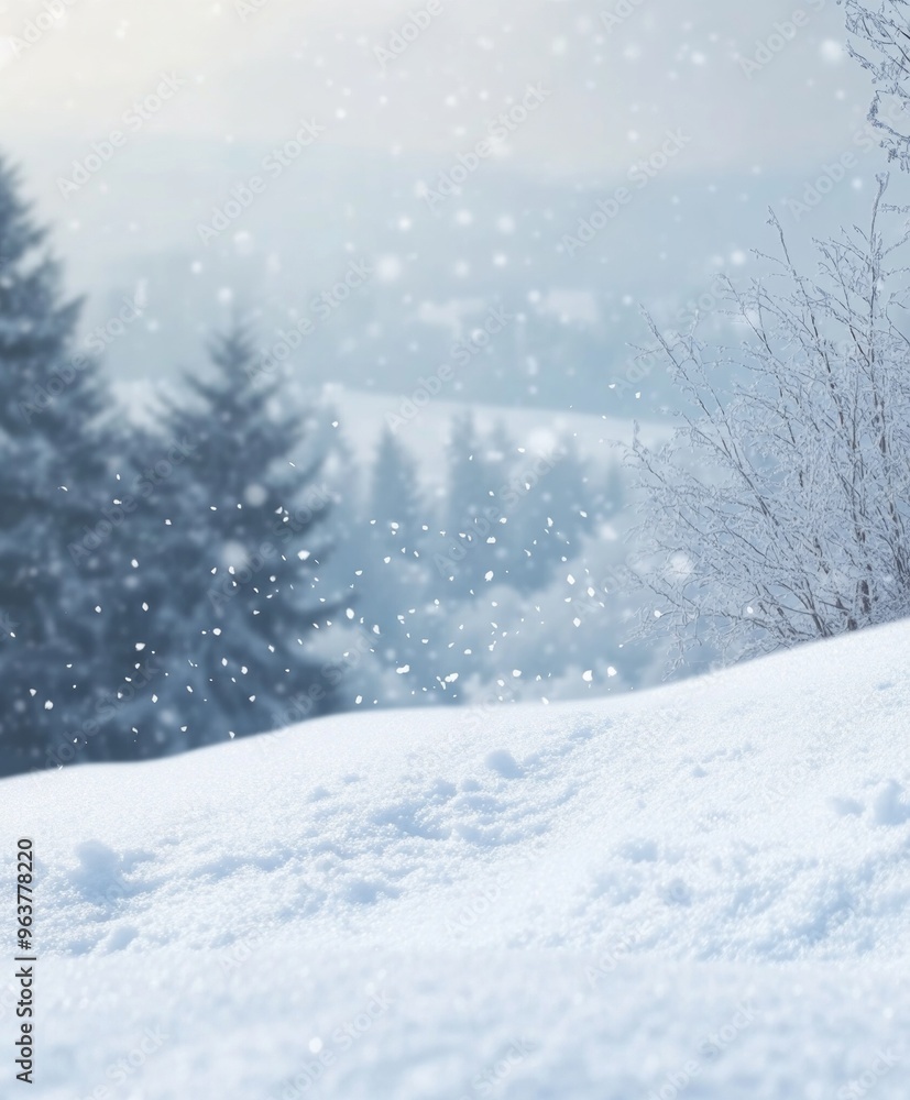 Fototapeta premium Snowy landscape with soft snowdrifts and gentle falling snow, set against a blurred background of winter trees and a cloudy sky