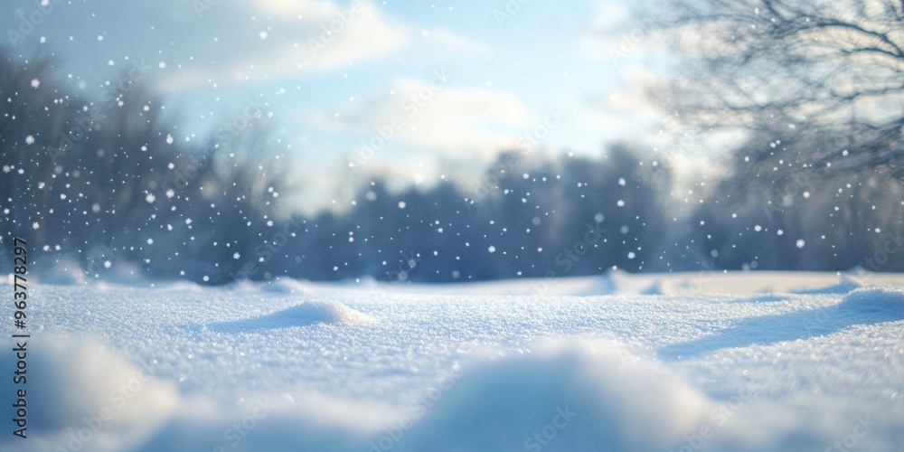 Snowy landscape with soft snowdrifts and gentle falling snow, set against a blurred background of winter trees and a cloudy sky Snowy landscape with soft snowdrifts and gentle falling snow, set against a blurred background of winter trees and a cloudy sky