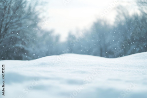 Wallpaper Mural Snowy landscape with soft snowdrifts and gentle falling snow, set against a blurred background of winter trees and a cloudy sky Torontodigital.ca