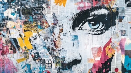 Wallpaper Mural Abstract mixed media artwork featuring a human face, vibrant colors, and newspaper clippings, creating a modern urban aesthetic. Torontodigital.ca