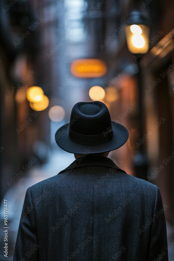 Elegant Man in Black Hat and Overcoat in Alleyway Elegant Man in Black Hat and Overcoat in Alleyway